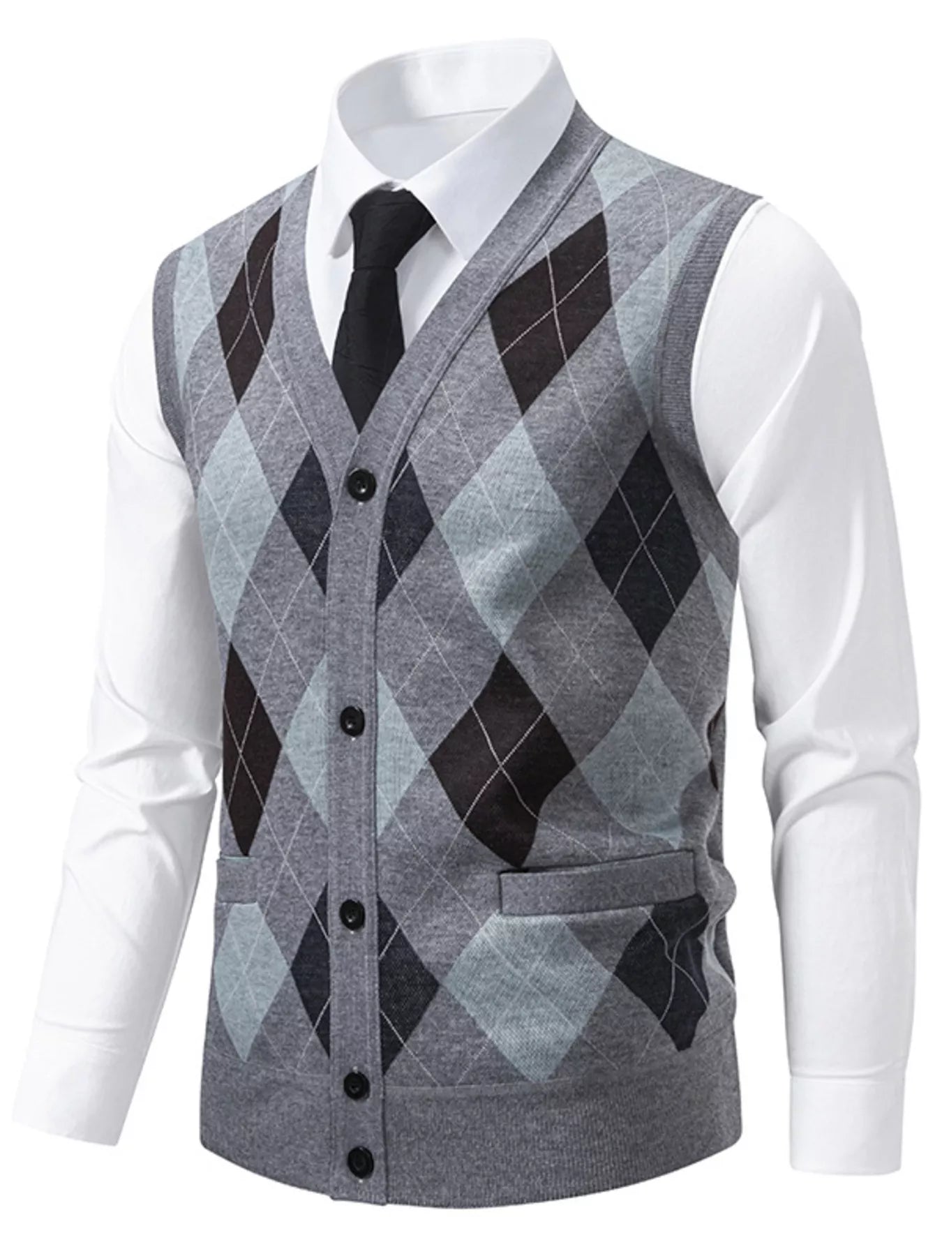 NEWYORKLISTED ATLAS MEN'S COLLECTION – Men's argyle V-neck button-down cardigan vest, product image 5