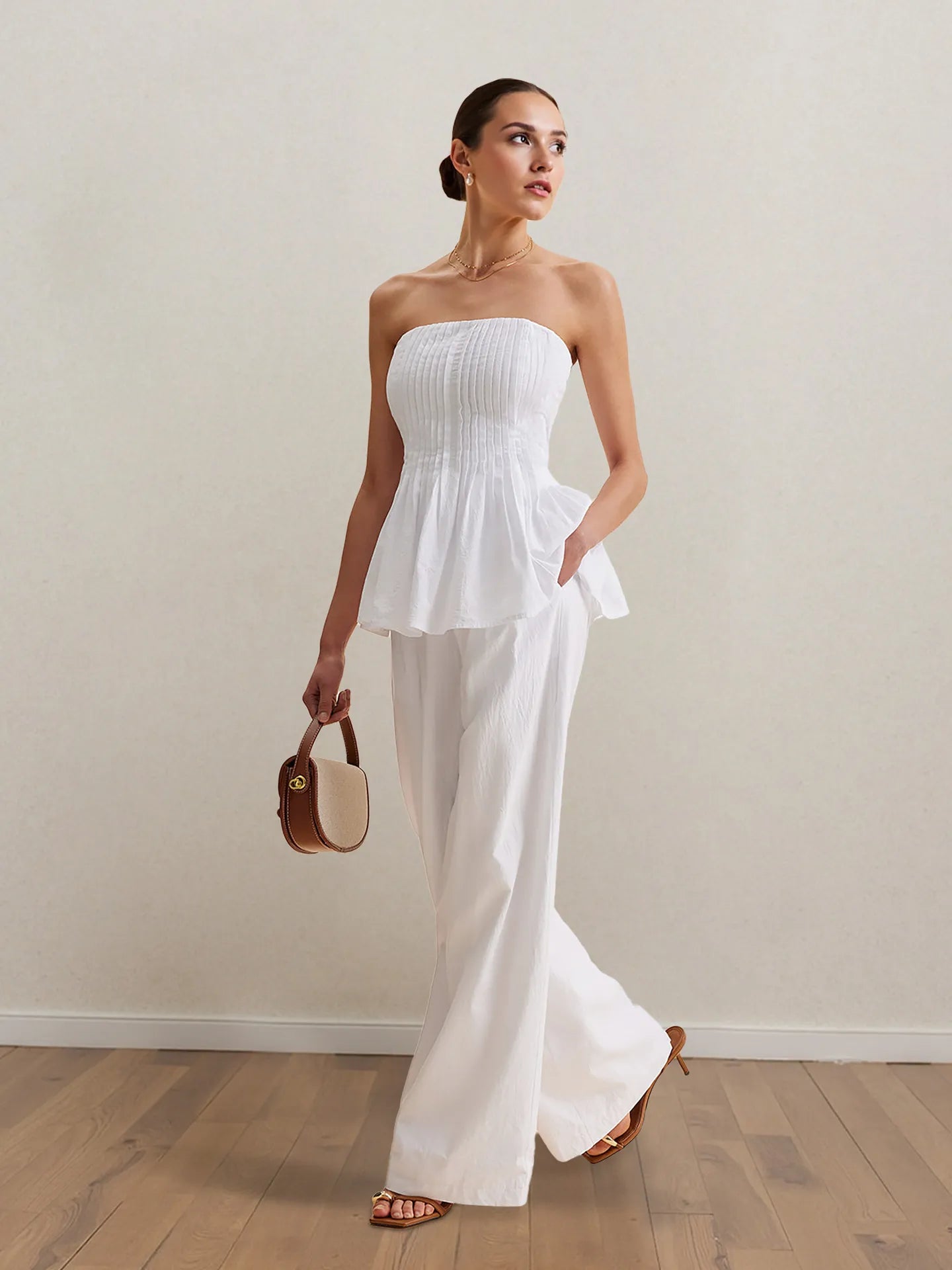 NEWYORKLISTED STYLE COLLECTION: Strapless Peplum Top and Wide-Leg Pant Set in Luxe Rayon