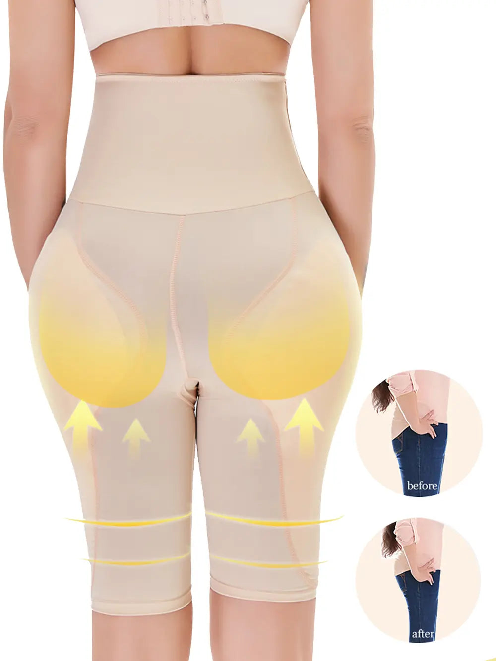 NEWYORKLISTED Intimate Apparel: Beige shapewear with yellow arrows indicating areas of focus on a white background.