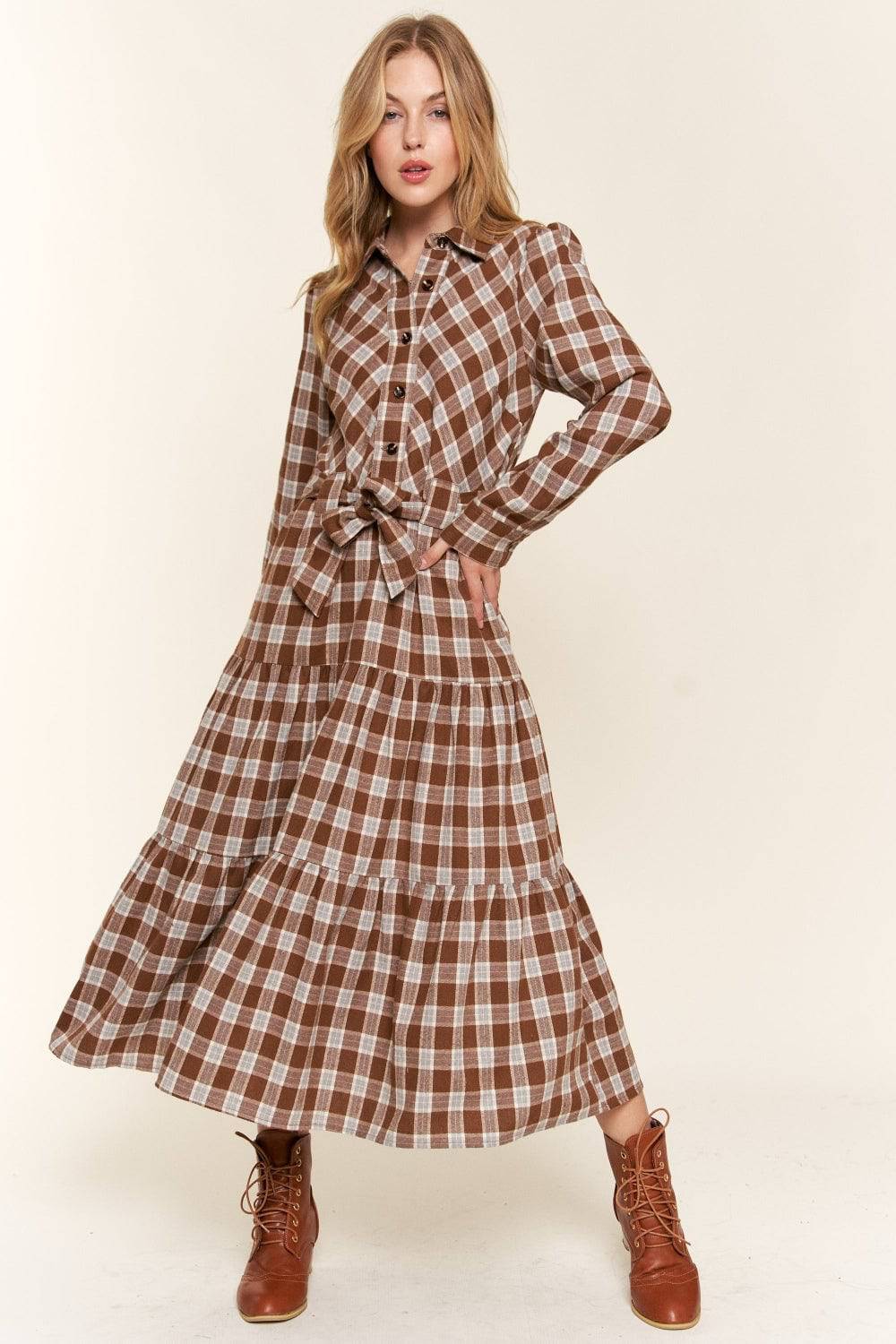 NEWYORKLISTED Plaid Tiered Midi Shirt Dress