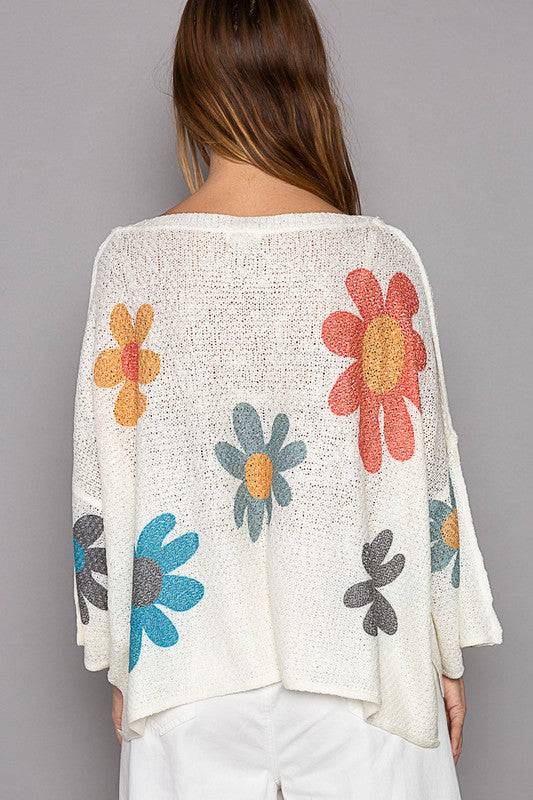 NEWYORKLISTED STYLE COLLECTION:  Flower Dropped Shoulder Long Sleeve Knit Top - NEWYORKLISTED