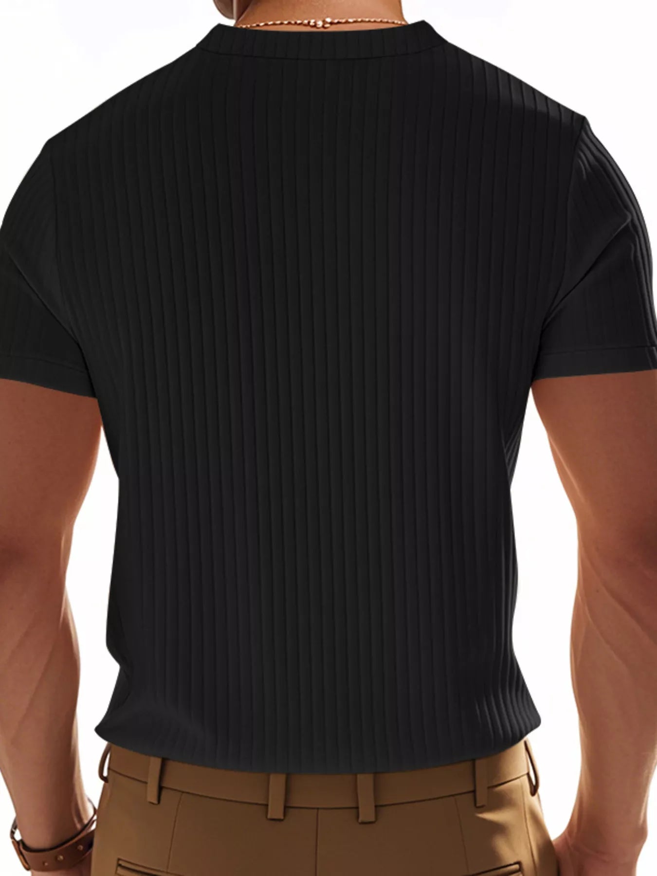 NEWYORKLISTED ATLAS MEN'S COLLECTION: Black ribbed knit t-shirt worn by a person on a white background