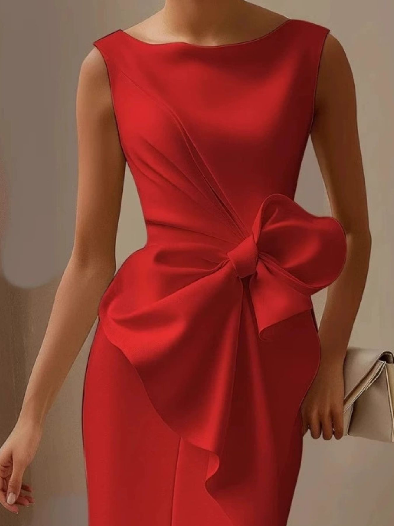 NEWYORKLISTED STYLE COLLECTION: Red dress with a large bow detail on a neutral background