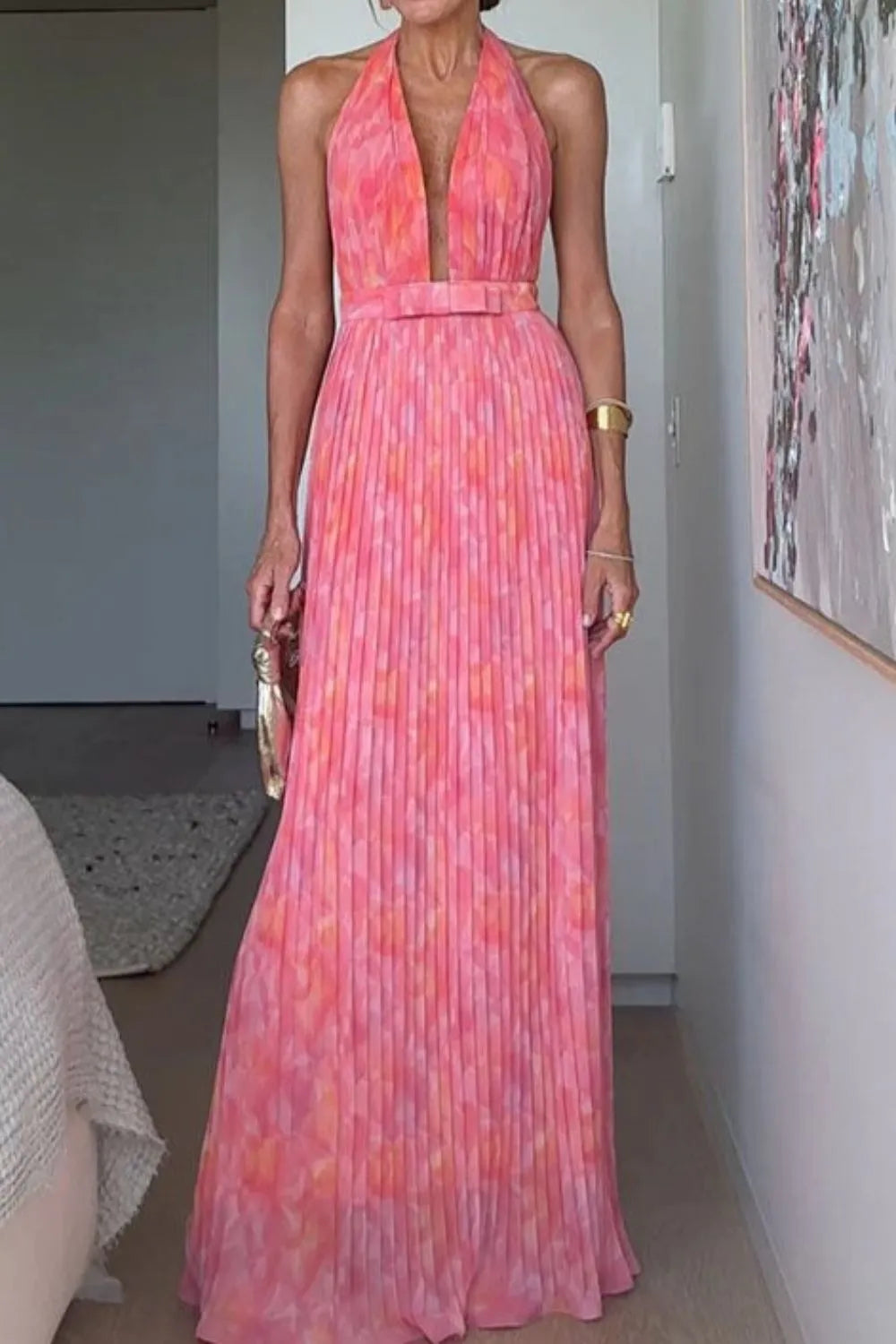 coral pleated maxi dress SSYS Leland V Neck Sleeveless Pleated Chiffon Maxi Dress In Coral