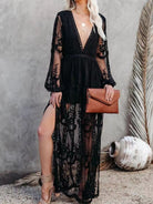 NEWYORKLISTED STYLE COLLECTION: Woman wearing a black lace dress with a slit, holding a brown clutch against a neutral background.