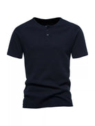 NEWYORKLISTED ATLAS MEN'S COLLECTION: Black short-sleeve henley shirt on a white background