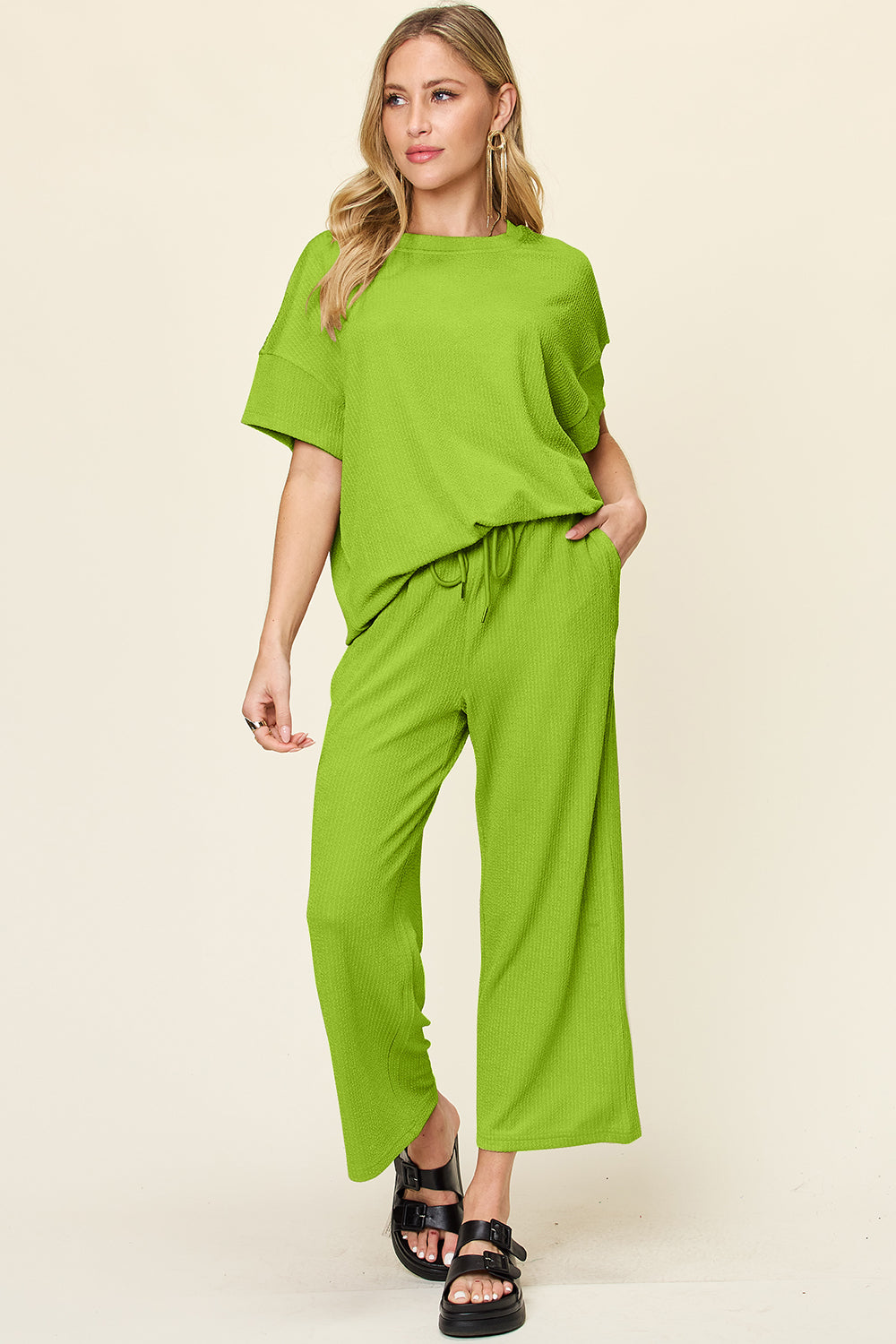 NEWYORKLISTED Bright Lime Green Two Piece Matching set Short Sleeve Shirt and Wide Leg Pants 