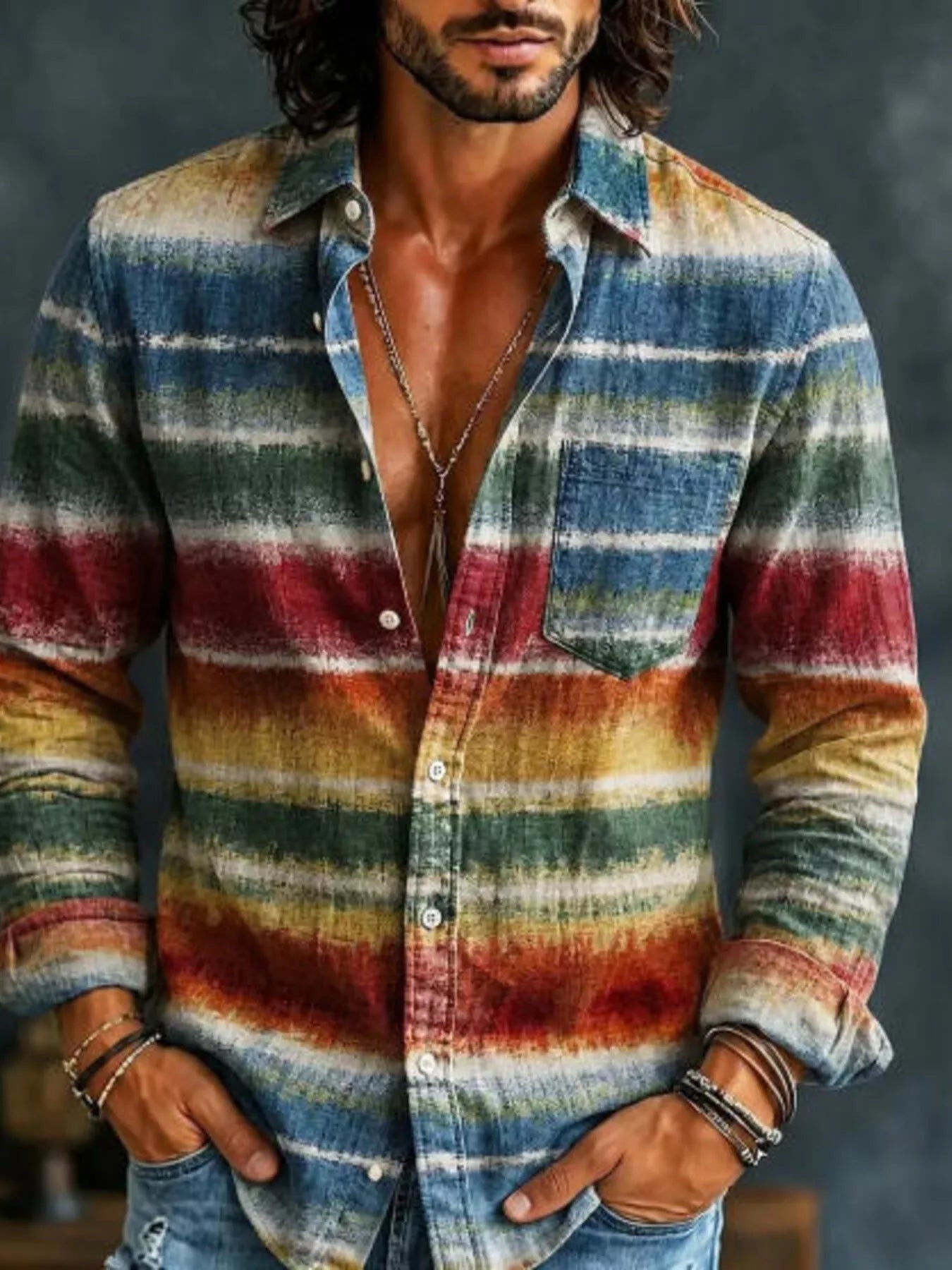 NEWYORKLISTED ATLAS MEN'S COLLECTION: Men's vintage multi-color striped long-sleeve shirt, model view