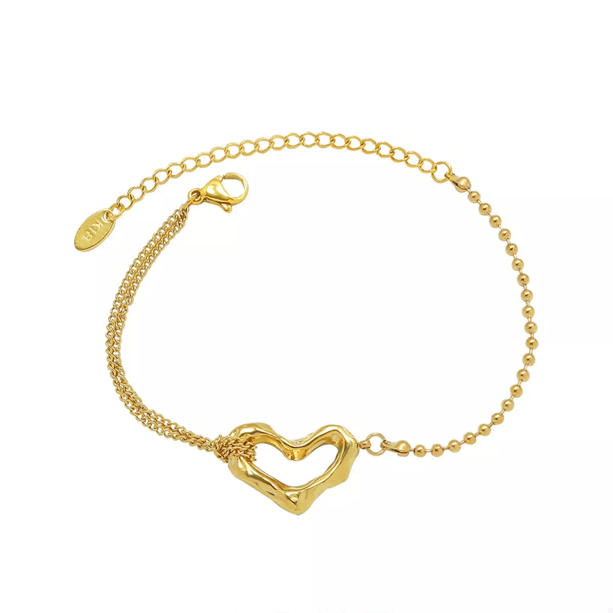 NYLD Glamour Collection by NEWYORKLISTED: Gold bracelet with a heart-shaped clasp on a white background