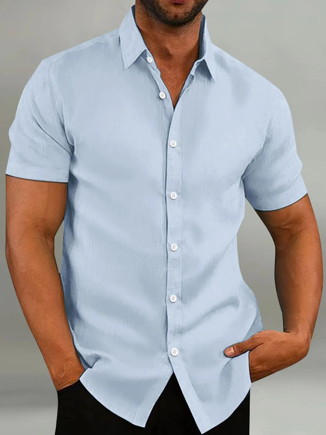 NEWYORKLISTED ATLAS MEN’S COLLECTION: Men's Full Size Button-Up Short Sleeve Shirt in Light Blue 