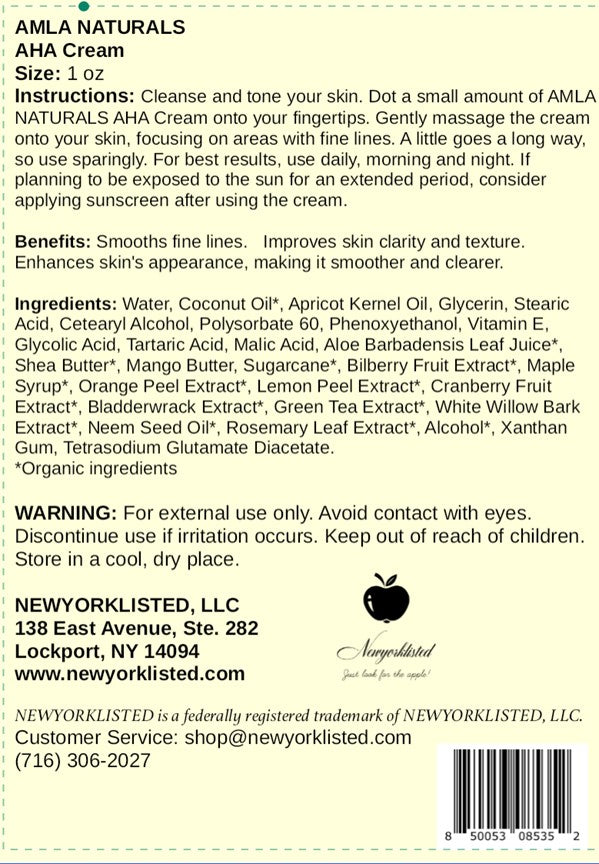 Back label of AHA Cream from New York Listed with ingredients and instructions.