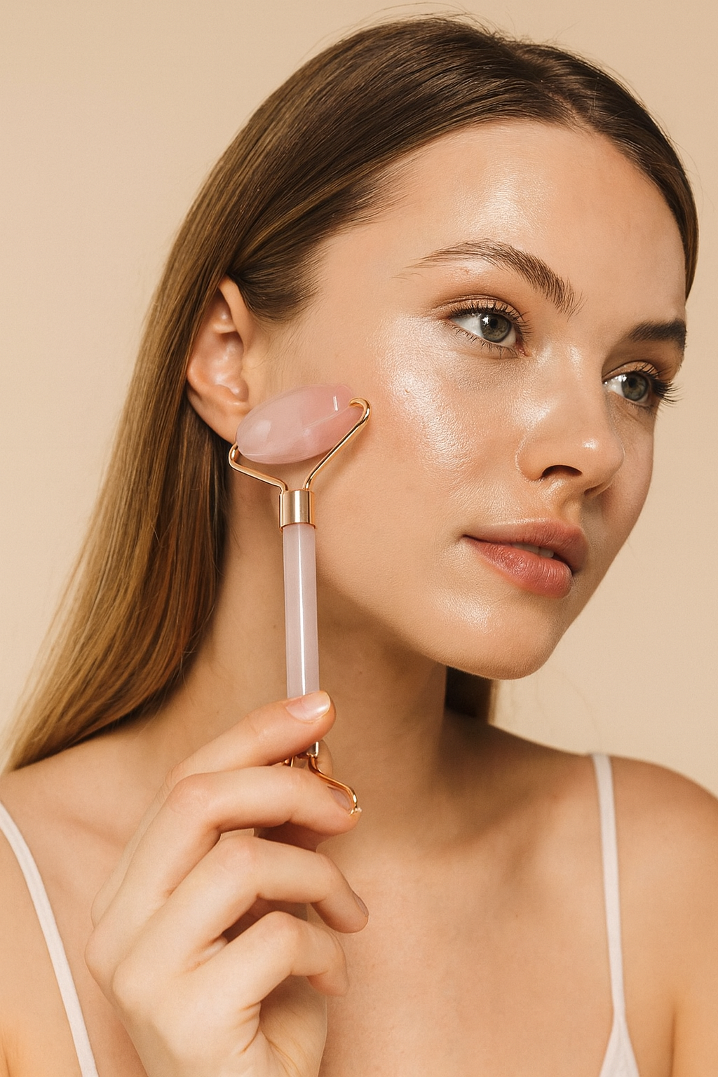 NEWYORKLISTED Cosmetic Collection: model using the NEWYORKLISTED rose quartz face roller. 