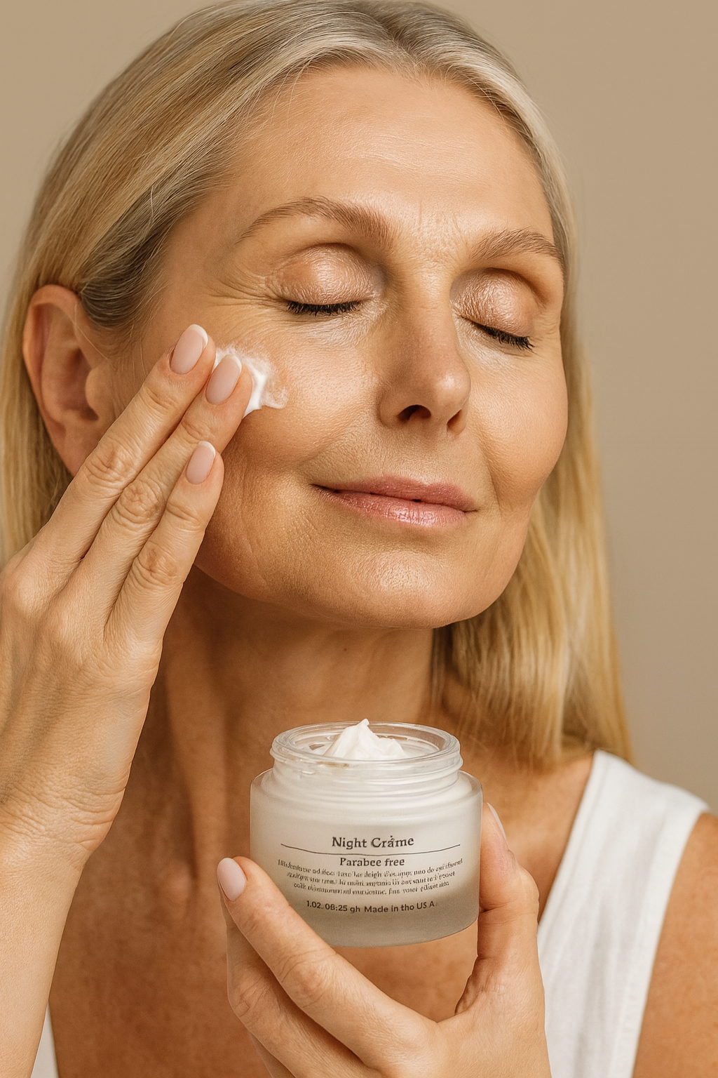 NEWYORKLISTED DIAMOND SPA COLLECTION: Woman applying NEWYORKLISTED Night Renewal Cream to her face with a jar of 'Nuit Crème' in the foreground.