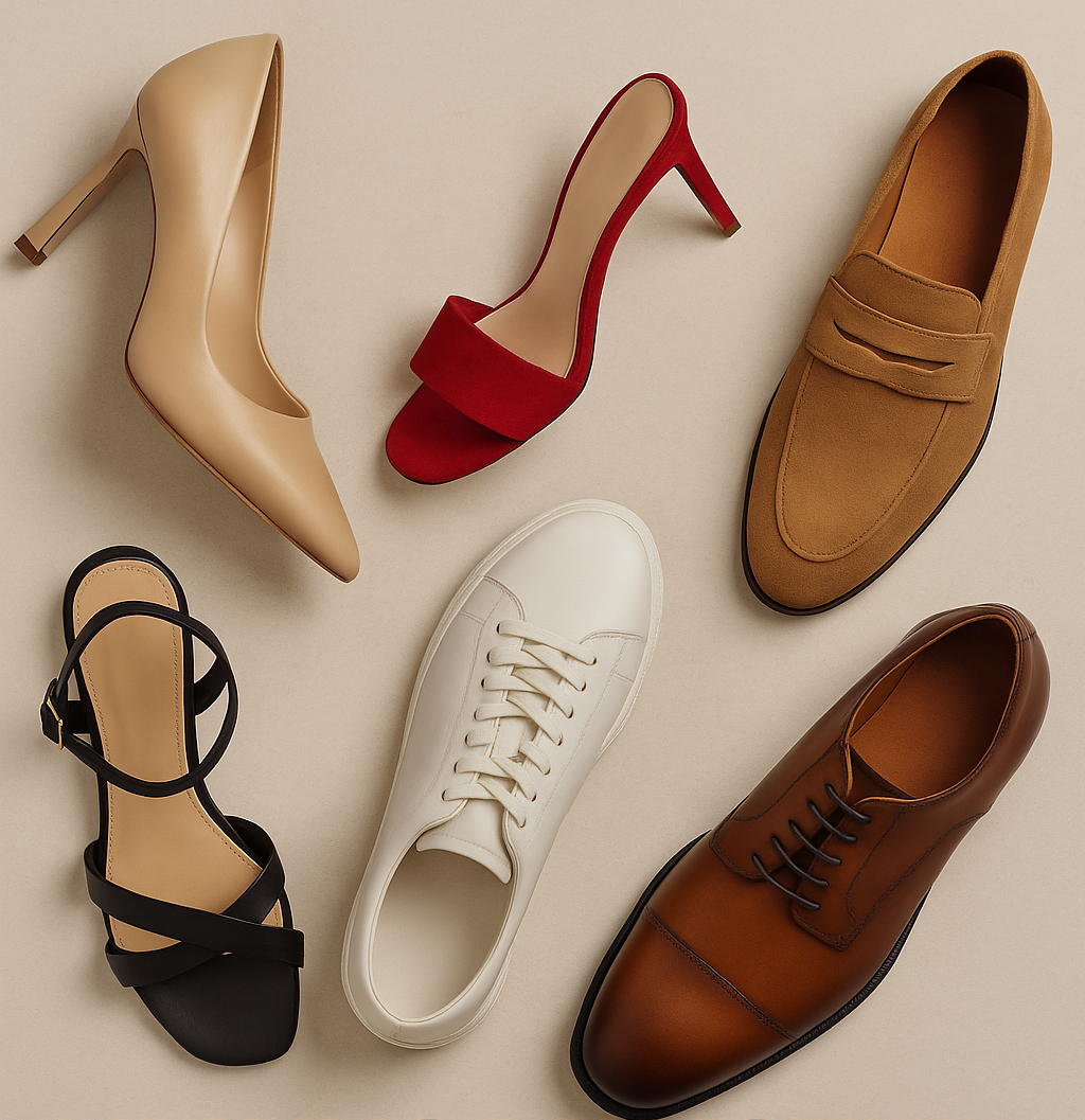 NEWYORKLISTED SHOE COLLECTION: Collection of shoes including high heels, loafers, and sneakers on a beige background with 'New York Listed' branding.