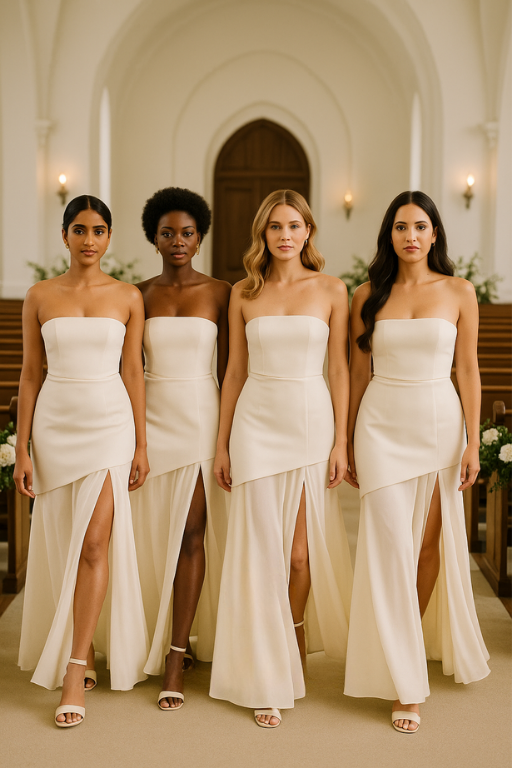 NEWYORKLISTED Beautiful Bride Collection: Five women in strapless white dresses standing in a row.