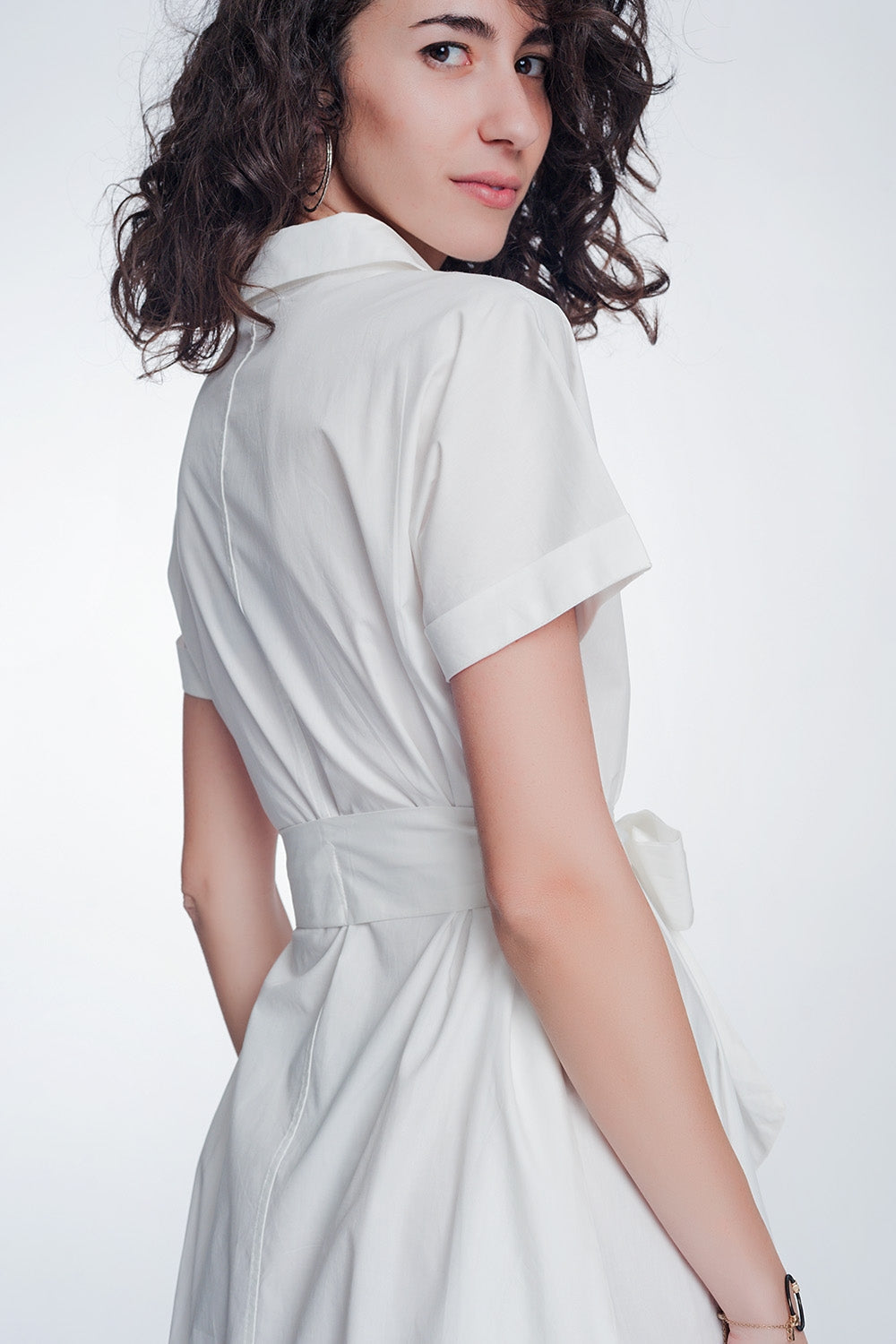 White Poplin Shirt Dress With Belt and Short Sleeve - NEWYORKLISTED