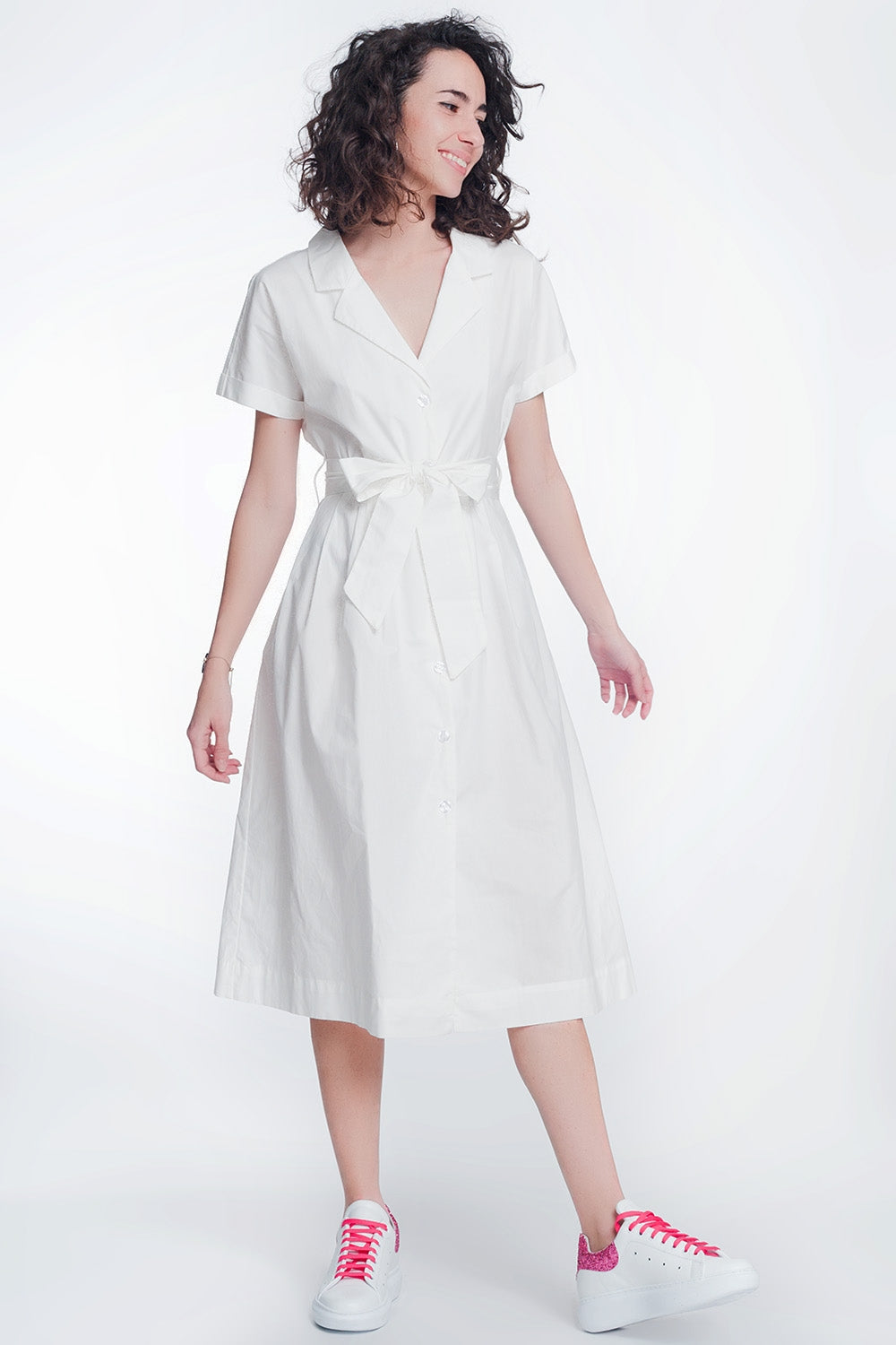 White Poplin Shirt Dress With Belt and Short Sleeve - NEWYORKLISTED
