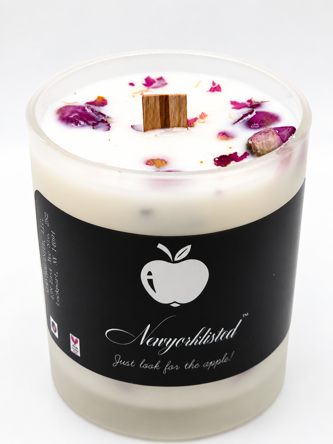 NEWYORKLISTED LUXURY SENSORY COLLECTION™: Botanical Wood Wick Candle – Hand-Poured Luxury Spa Candle: Candle with decorative elements and a black label on a white background