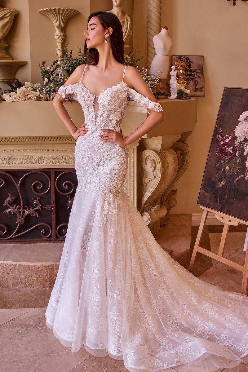NEWYORKLISTED ELEGANT BRIDE COLLECTION: Woman in a white lace wedding dress standing in an elegant room with decorative elements.